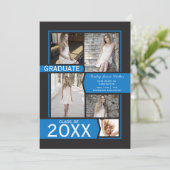 Faire-part Bleu sur le collage photo noir Graduation (Debout devant)
