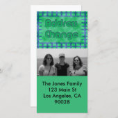 Faire-part bleu vert que nous avons déplacé (Devant / Derrière)