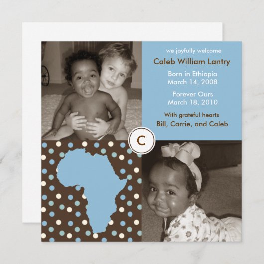 Faire-part Bloc Afrique : Polkas bleus (Devant / Derrière)