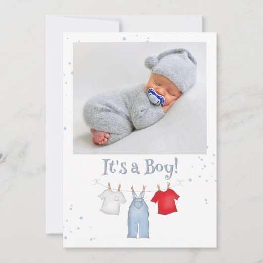 Faire-part Blue Baby Boy Photo Clothesline Custom (Devant)