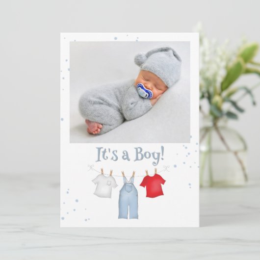 Faire-part Blue Baby Boy Photo Clothesline Custom (Debout devant)