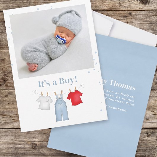 Faire-part Blue Baby Boy Photo Clothesline Custom