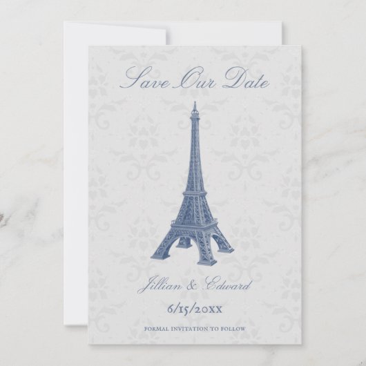 Faire-part Blue Eiffel Tower Damask Enregistrer La Date (Devant)