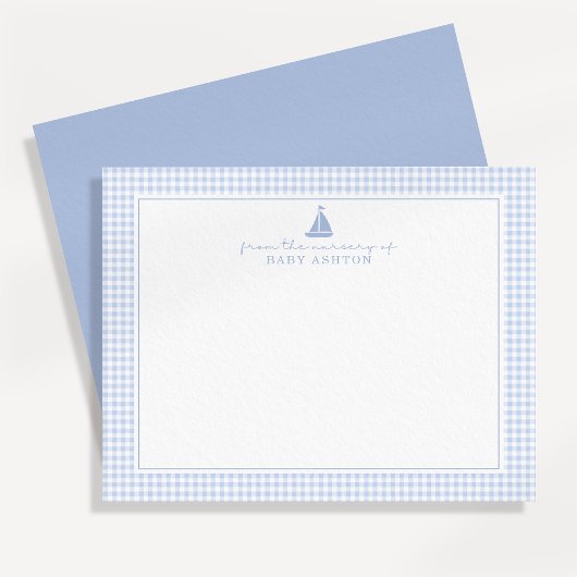 Faire-part Blue Gingham Sailboat Nursery Note Card