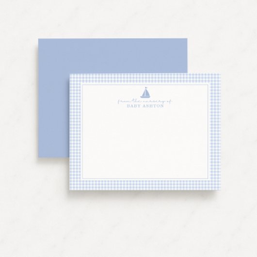 Faire-part Blue Gingham Sailboat Nursery Note Card