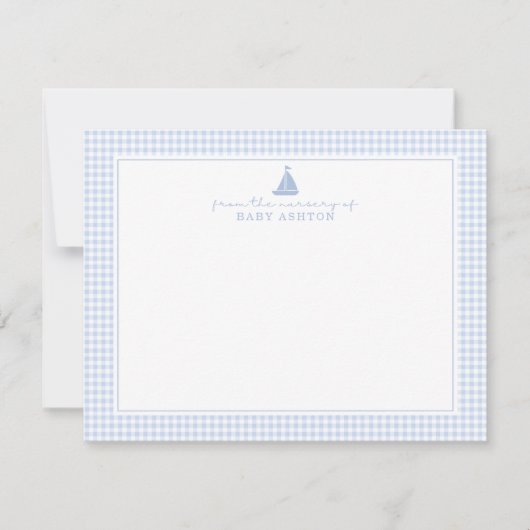 Faire-part Blue Gingham Sailboat Nursery Note Card (Devant)