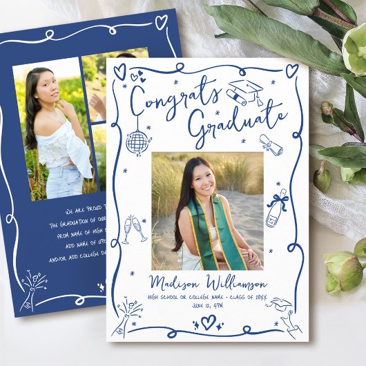 Faire-part Blue Hand Drawn Doodles Graduation 4 Photo White