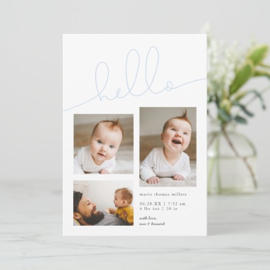 Faire-part Blue Hello Script Multi Photo Boy Birth (Debout devant)