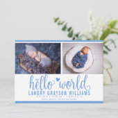 Faire-part Blue Hello World Photo Birth Stat (Debout devant)