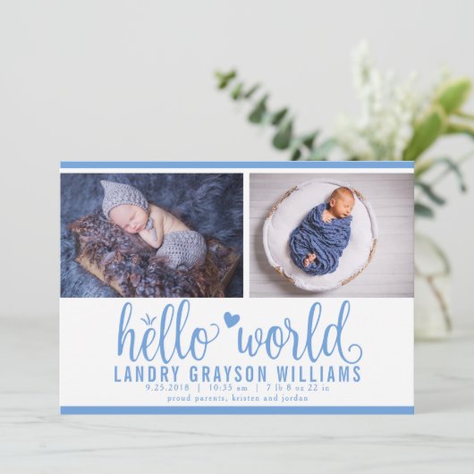 Faire-part Blue Hello World Photo Birth Stat (Debout devant)