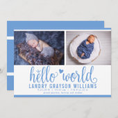 Faire-part Blue Hello World Photo Birth Stat (Devant / Derrière)