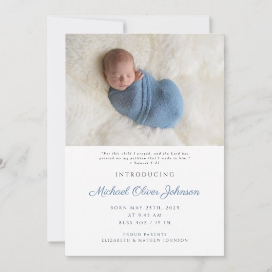 Faire-part Blue Modern Script Baby Boy Birth Photo (Devant)