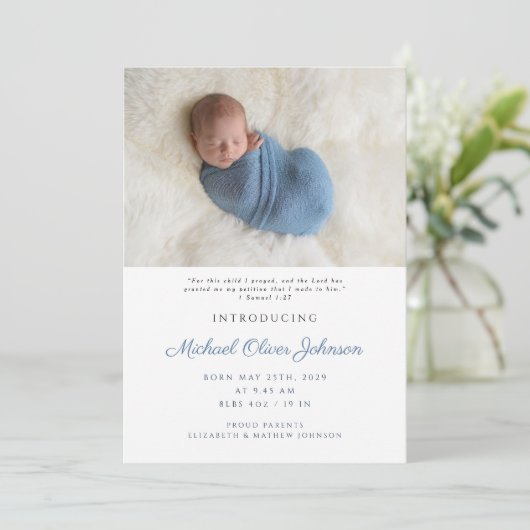 Faire-part Blue Modern Script Baby Boy Birth Photo (Debout devant)