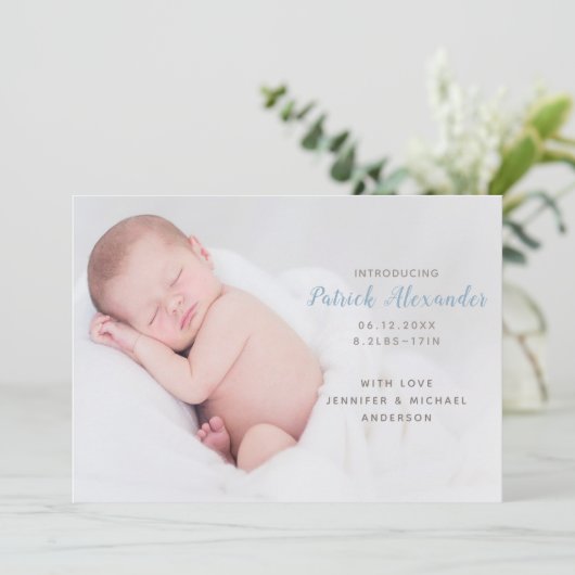 Faire-part Blue moderne Introduire Baby Boy Photo (Debout devant)