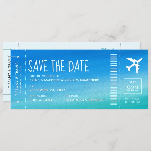 Faire-part Blue Ombre Mariage Boarding Pass Enregistrer la da (Devant / Derrière)