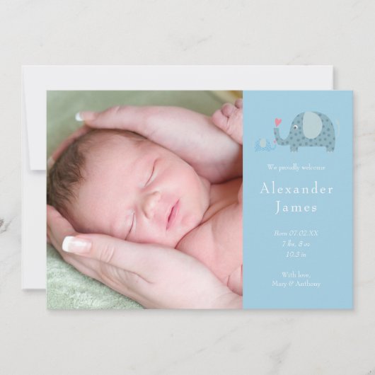 Faire-part Blue Polka Dot Elephants Baby Boy Photo Naissance (Devant)