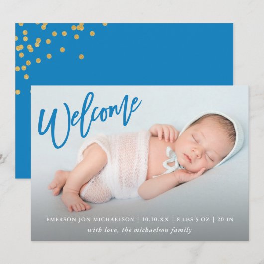 Faire-part Blue Welcome Faux Gold Confetti Baby Boy Birth (Devant / Derrière)