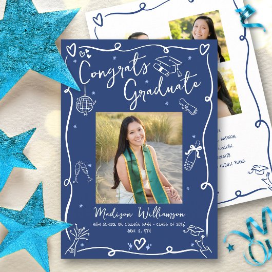 Faire-part Blue White Hand Drawn Doodles Graduation 4 Photo