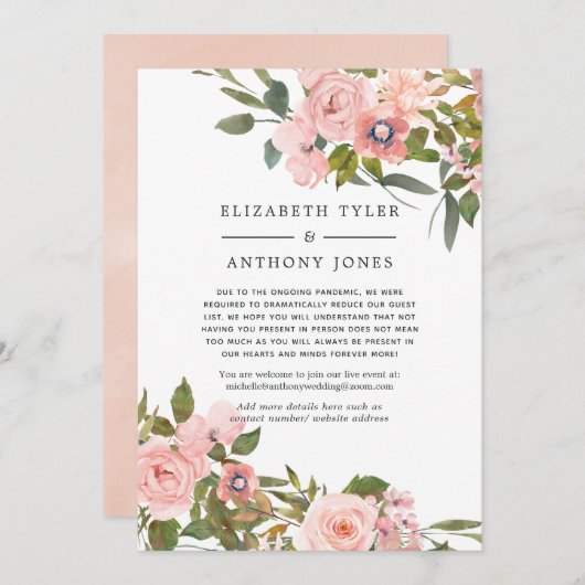 Faire-part Blush et Rose Gold Floral Reduce Mariage invité (Devant / Derrière)