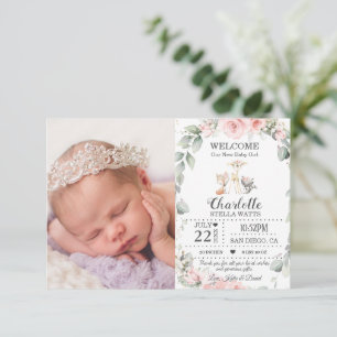 Faire-part Blush Floral Woodland Animaux Nouveau bébé Photo N