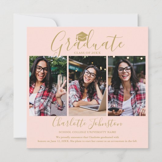 Faire-part Blush Pink Gold Script Graduate 4 Diplôme de photo (Devant)