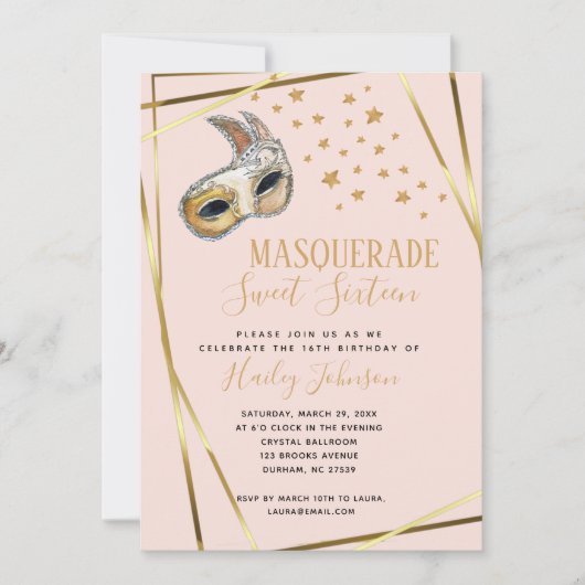 Faire-part Blush Rose & or Masquerade Anniversaire (Devant)