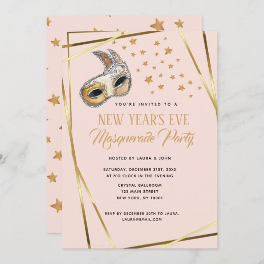 Faire-part Blush Rose & or Masquerade fête du Nouvel An (Devant / Derrière)