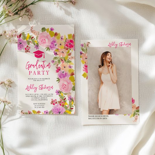 Faire-part Bohème rose roses fleur sauvage graduation de prin