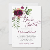 Faire-part Bohemian Burgundy Feather Wedding | (Devant)