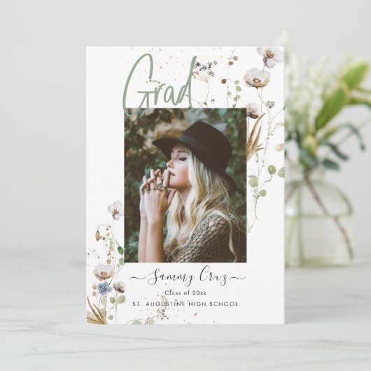 Faire-part Boho Aquarelle Fleurs sauvages Graduation (Debout devant)