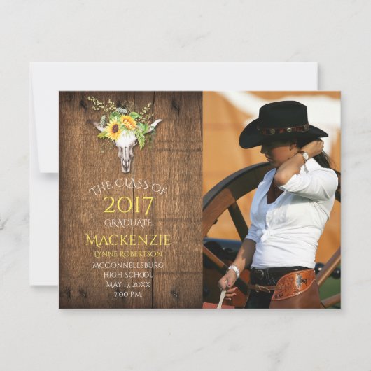 Faire-part Boho Barnwood Tournesols Crâne Photo Graduation (Devant)