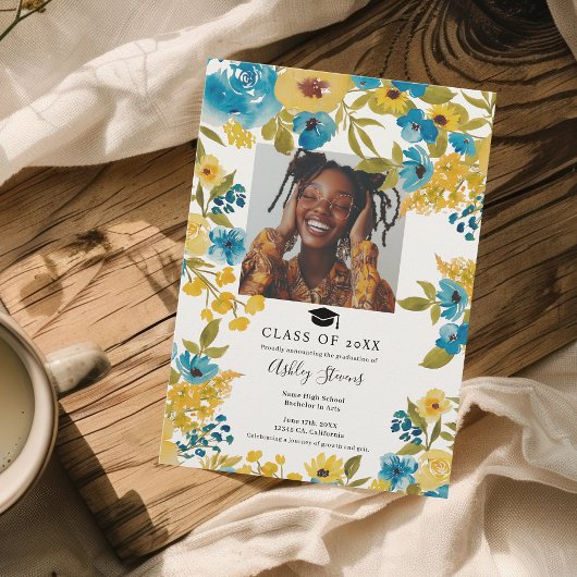 Faire-part Boho Blue and Yellow Floral 2 Diplôme photo