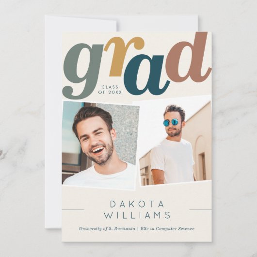Faire-part Boho Blue & Beige Grad Typographie Photo Graduatio (Devant)