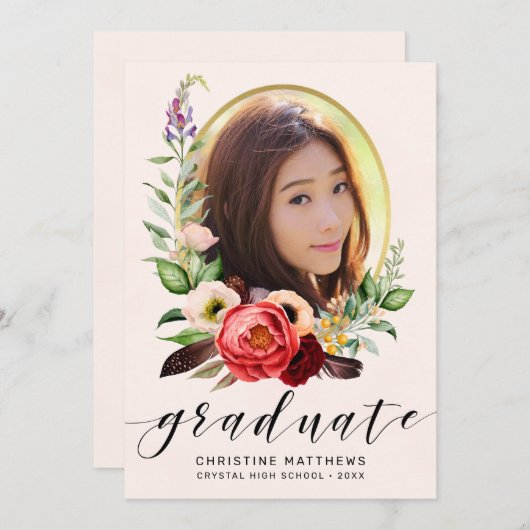 Faire-part Boho Blush Floral Photo Black Script Graduation (Devant / Derrière)