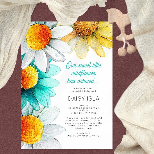 Faire-part Boho Chic Daisies Fleur sauvage Merci naissance