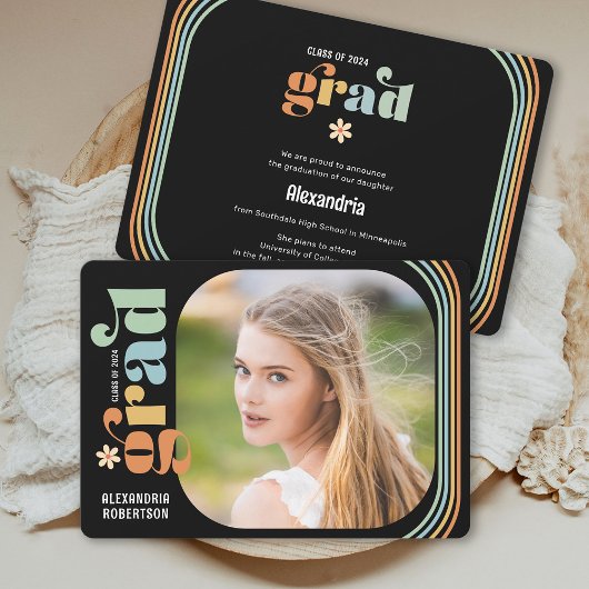 Faire-part Boho Daisy Rétro Texte de la photo Graduation