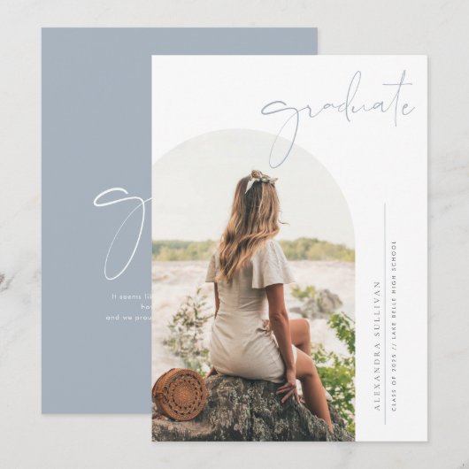 Faire-part Boho Dusty Blue Minimalist Arch Photo Graduation (Devant / Derrière)