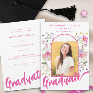 Faire-part Boho Fleur sauvage Graduate Photo Arch Pink Script