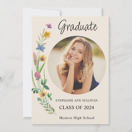 Faire-part Boho Fleur sauvage Photo Girl Lycée Graduation (Devant)