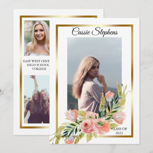 Faire-part Boho Floral 4 Photo Collage Gold Frame Graduation (Devant / Derrière)