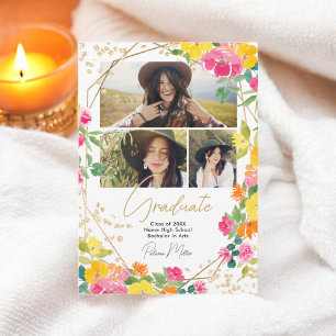 Faire-part Boho Floral Aquarelle Or 3-Photo Graduation
