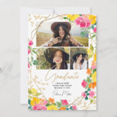 Faire-part Boho Floral Aquarelle Or 3-Photo Graduation (Devant)