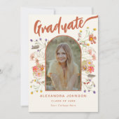 Faire-part Boho Floral Diplômé Photo Orange Brûlé Script (Devant)