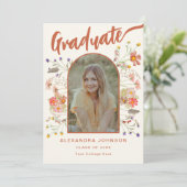 Faire-part Boho Floral Diplômé Photo Orange Brûlé Script (Debout devant)