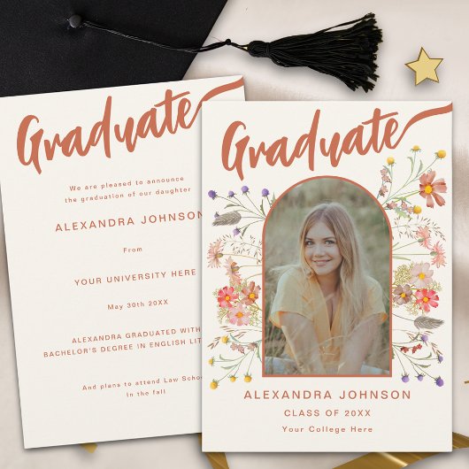 Faire-part Boho Floral Graduate Photo Brûlé Orange Script