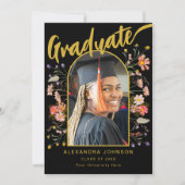 Faire-part Boho Floral Graduate Photo Script noir et or (Devant)