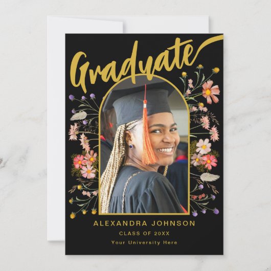 Faire-part Boho Floral Graduate Photo Script noir et or (Devant)