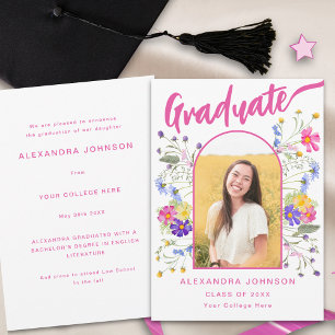 Faire-part Boho Floral Gradué Photo Arch Pink Script