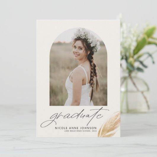 Faire-part Boho Gold Glitter Feather Photo Graduation (Debout devant)