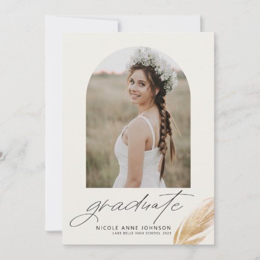 Faire-part Boho Gold Parties scintillant Feather Photo Gradua (Devant)